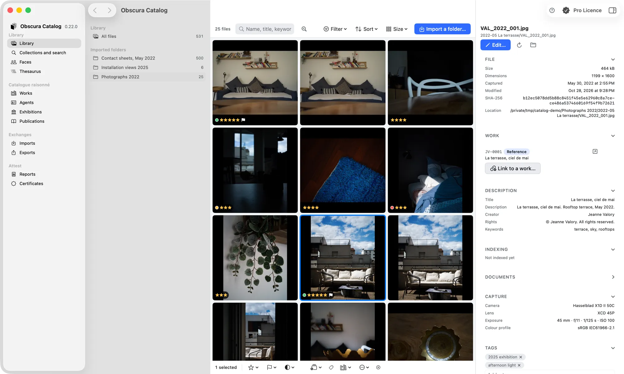 The Obscura Catalog main window: sidebar in four groups, the library open on a folder of scans, the grid with ratings and labels, and the inspector of a photo with its metadata