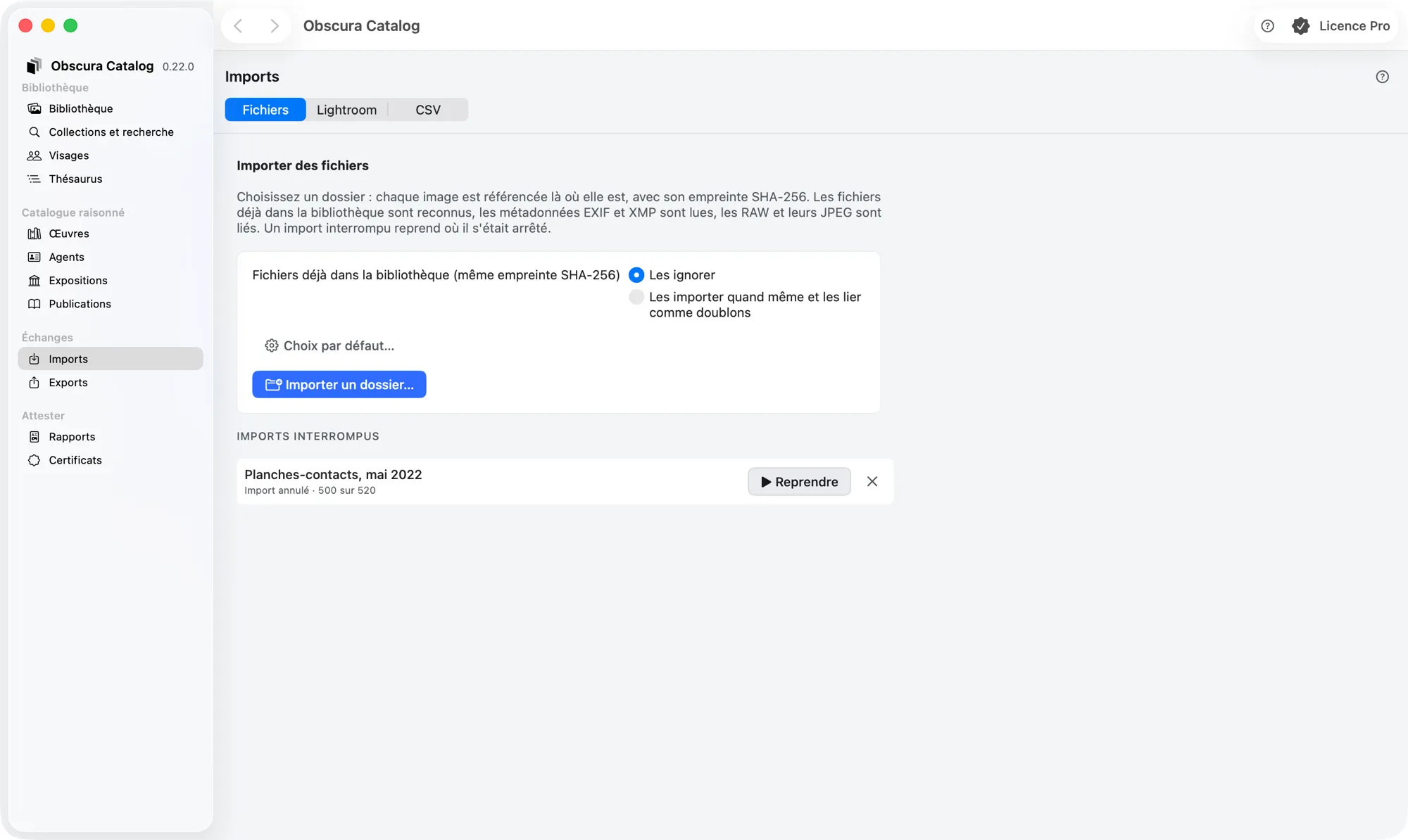 Imports › Fichiers : choix pour les fichiers déjà dans la bibliothèque, bouton « Importer un dossier… » et un import interrompu à reprendre