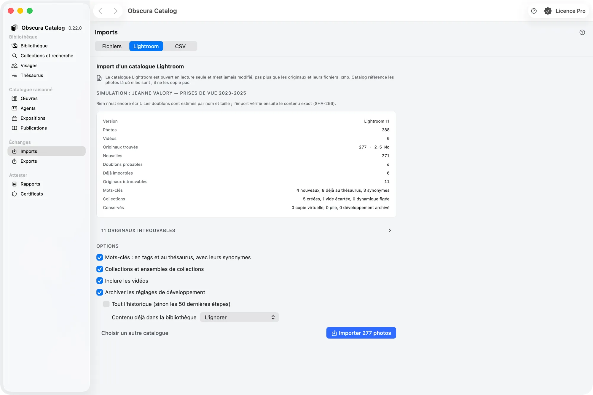 La simulation d’un import Lightroom : version, photos trouvées, nouvelles, doublons probables, introuvables, mots-clés, collections, options et bouton d’import