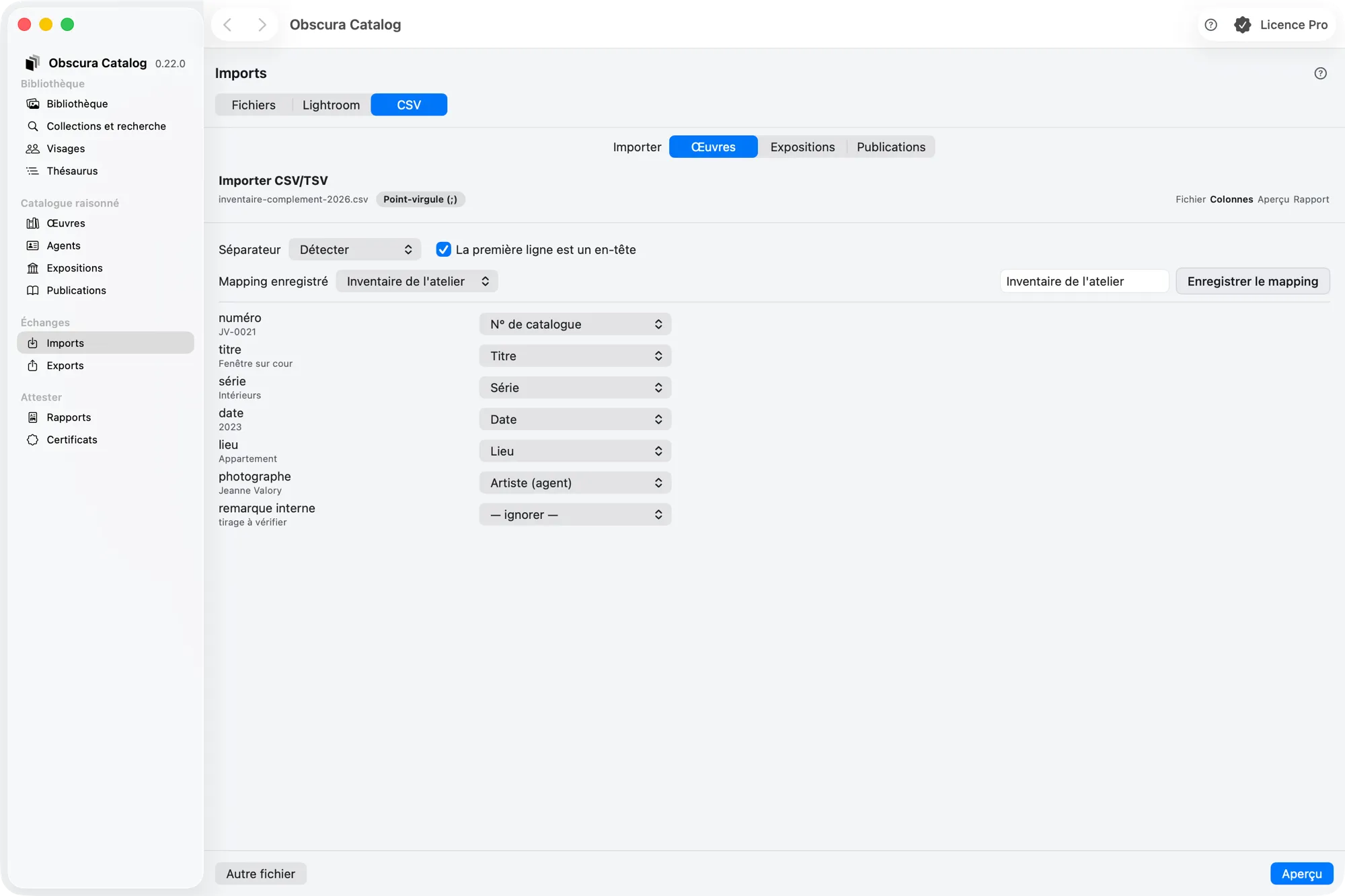 L’étape Colonnes d’un import CSV : séparateur, « La première ligne est un en-tête », chaque colonne avec le champ choisi, mapping enregistré
