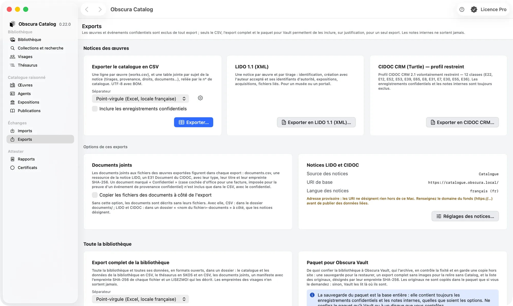La section Exports d'Obscura Catalog : export CSV avec son séparateur et l'option confidentielle, exports LIDO 1.1 et CIDOC-CRM