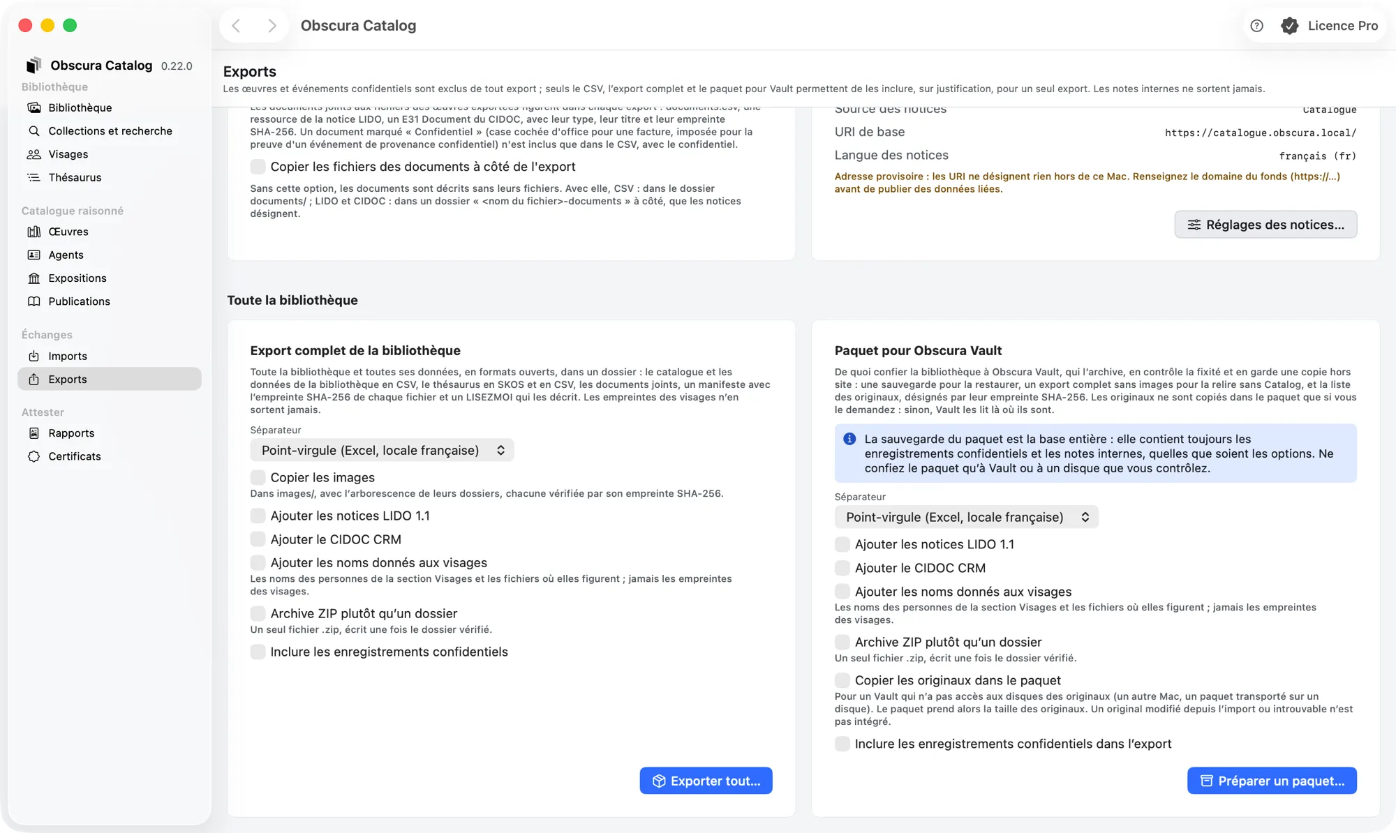La carte Paquet pour Obscura Vault d'Obscura Catalog : rappel de sensibilité, options de l'export, copie des originaux, confidentiel justifié