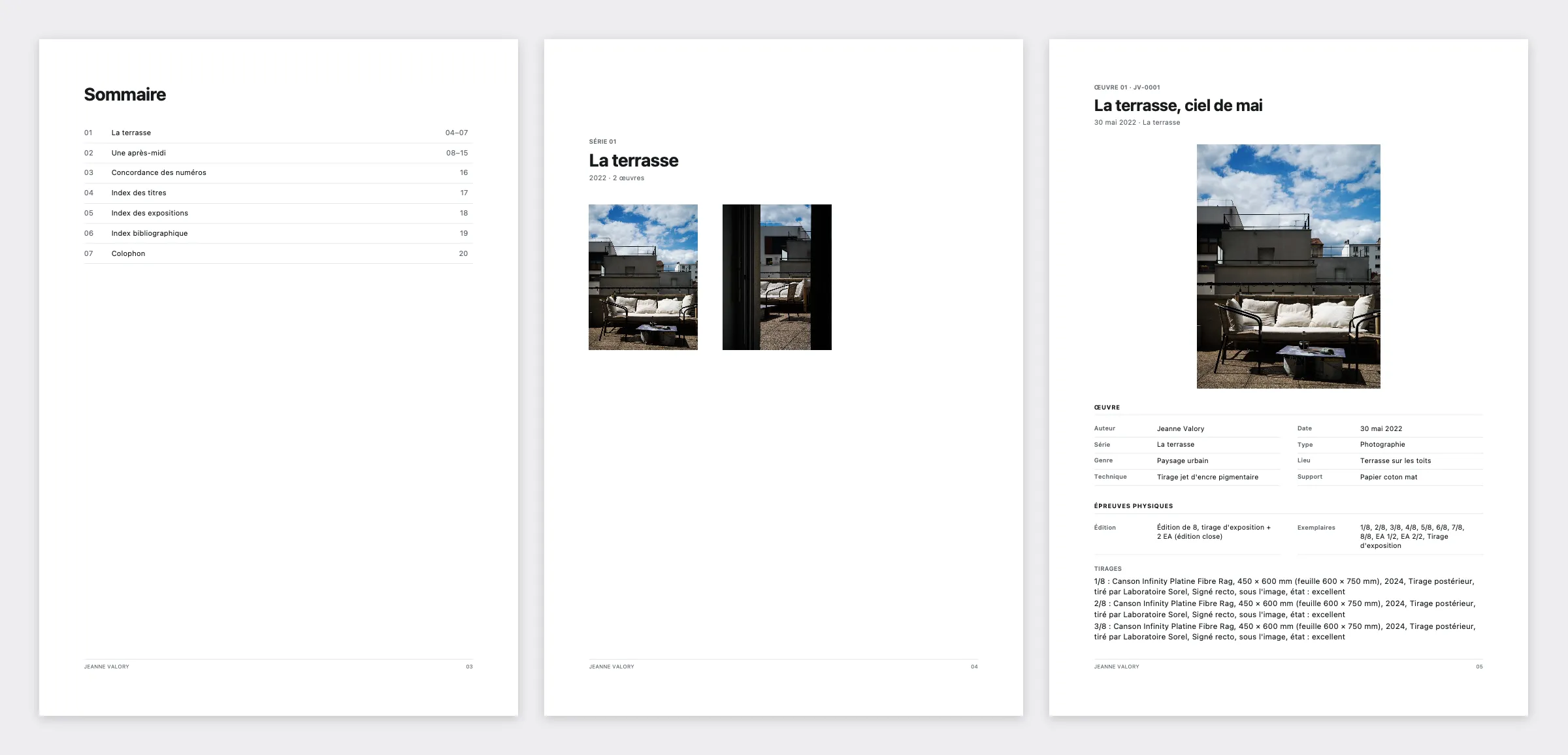 Trois pages du catalogue raisonné : le sommaire, l’ouverture d’une série, une notice
