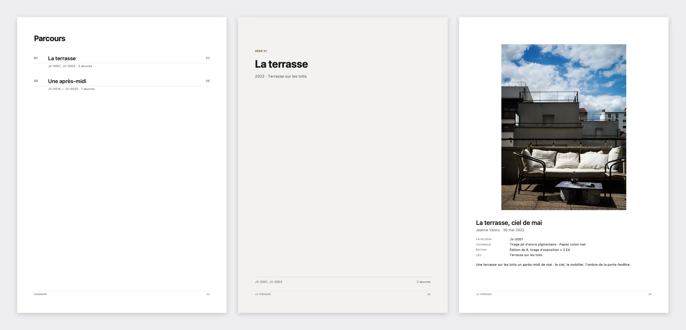 Trois pages du portfolio : le parcours, l’ouverture d’une série, la page d’une œuvre