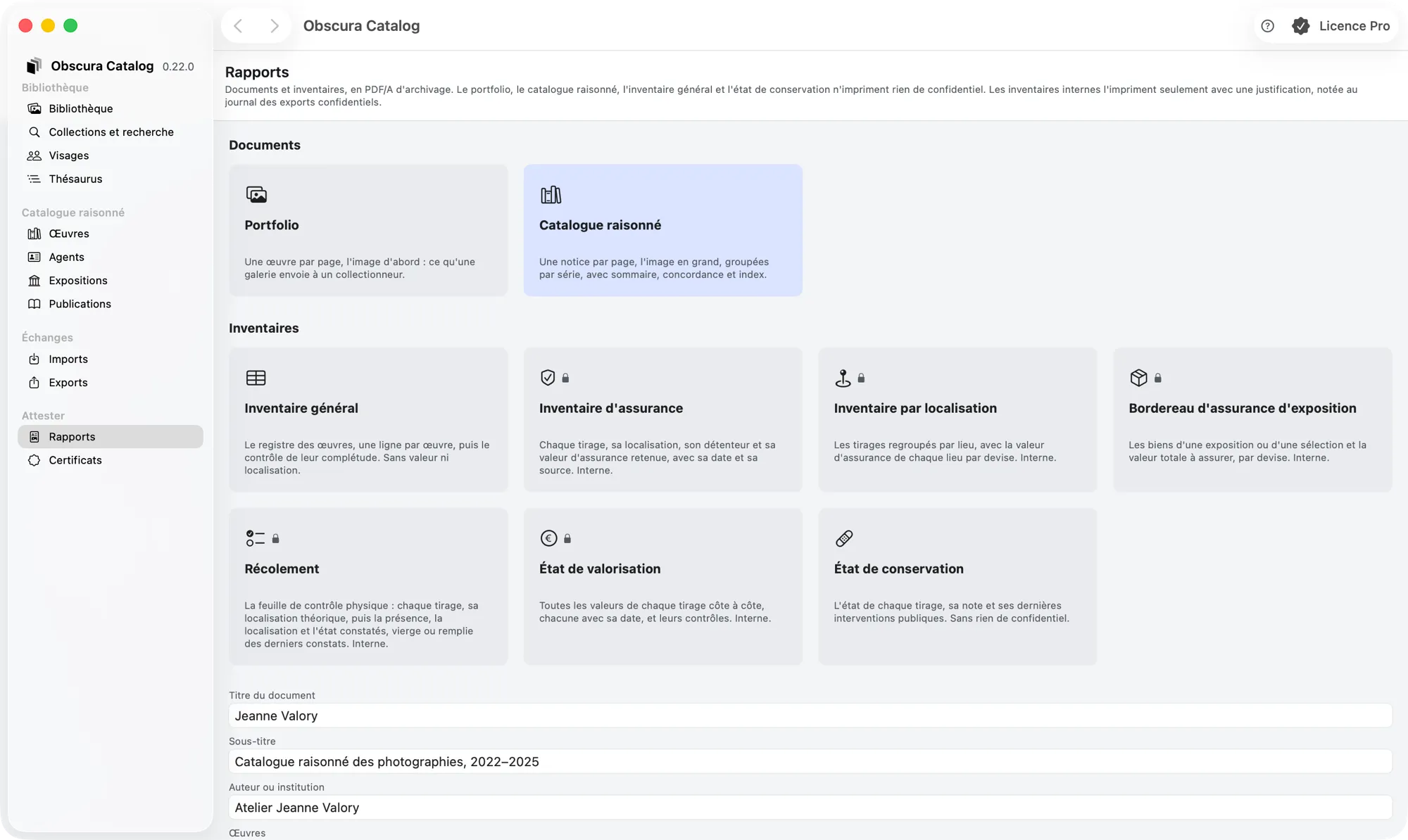 La section Rapports : les trois types de rapport, les options, le nombre d’œuvres et « Enregistrer le PDF… »